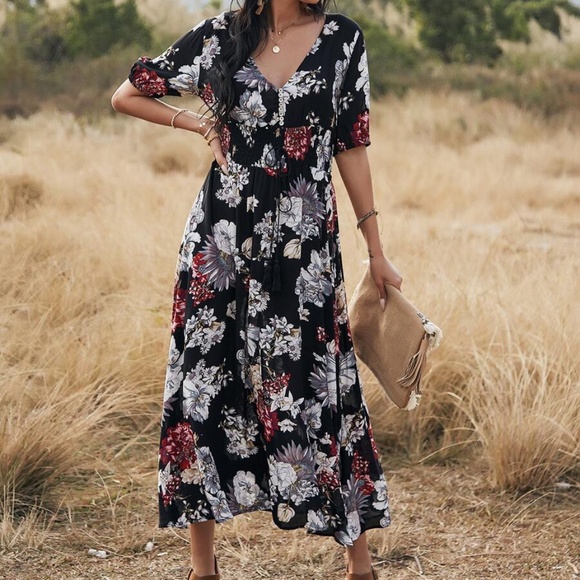 boho floral print vneck slit black midi dress Blue - Picture 6 of 11